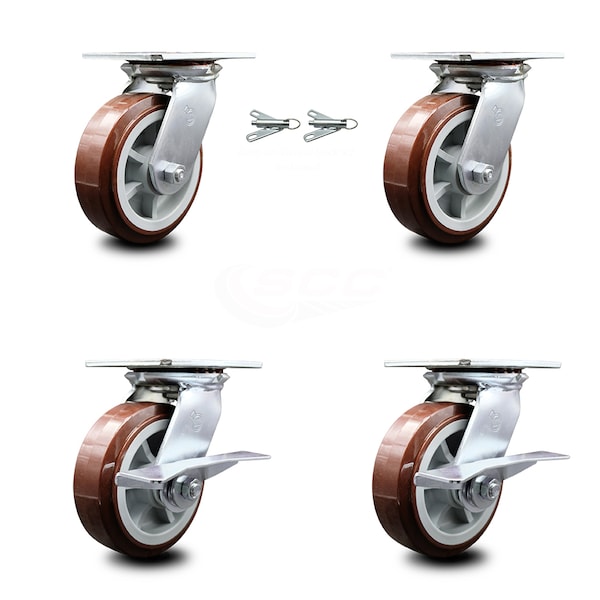 6 Inch Polyurethane Swivel Caster Swivel Locks 2 Brakes, 2PK